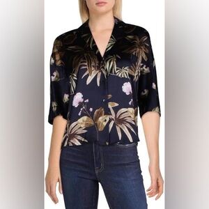 VINCE Women's Blouse Top Mixed Tropical Garden Button Front 100% Silk Size L